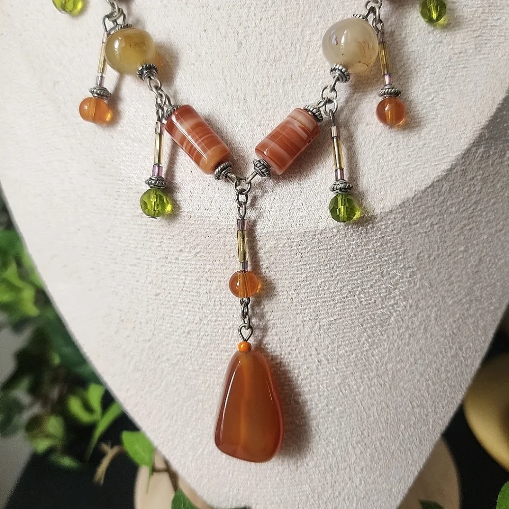 Silver with Natural Stone Necklace with Matching Earrings Set